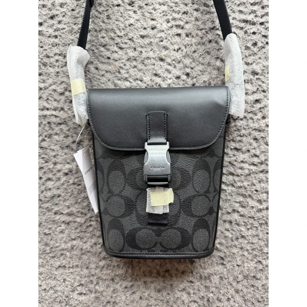 NWD Coach Track Small Flap Crossbody Bag Signature Coated Canvas Charcoal Black